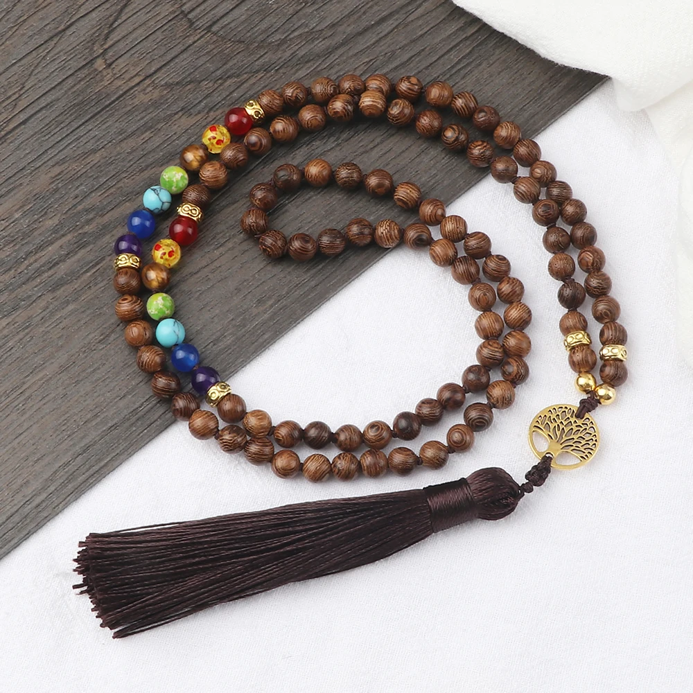 7 Chakra Original Wooden Beads Necklaces Vintage Tree of Life Tassel Japamala Yoga Meditation Necklace Buddhist Prayer Jewelry