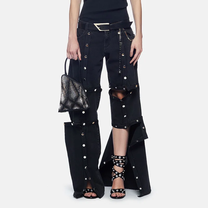 Denim Black Women Jeans Detachable Style Cool Female Casual Work Wear Spring Wide Leg Trouser Pants With Pocket