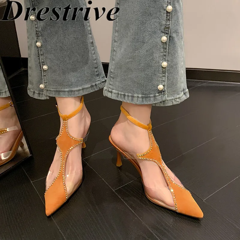 Drestrive 2023 New Fashion Women Sandals Sheep Suede PVC Pointed Toe Crystal Summer Shoes Thin High Heel Buckle Patchwork