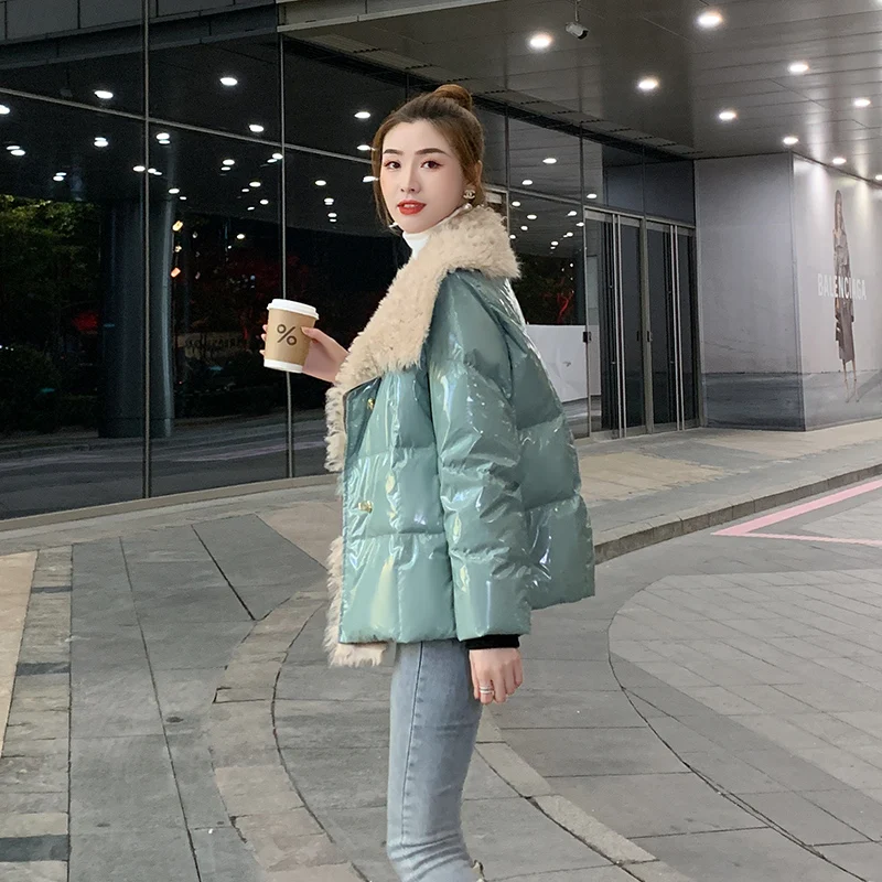 2022 new down jacket women's wear winter short down jacket women's bright face fur collar white duck down jacket small thickened