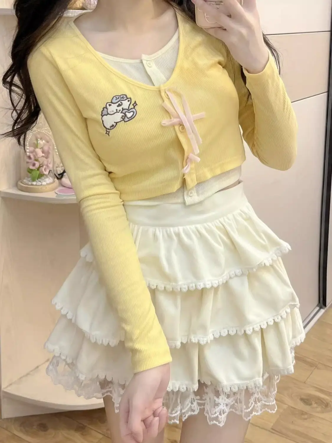 

Sweet Preppy Style Embroidered Bow Two-Piece Illusion T-shirt Lace Skirt Women Fashion Set Lolita Girls Students JK Japanese Y2K
