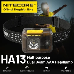 NITECORE-faro LED HA13 de doble fuente de alimentación, luz de trabajo para acampar, sendero nocturno, correr, pesca, batería AAA, 350 lúmenes