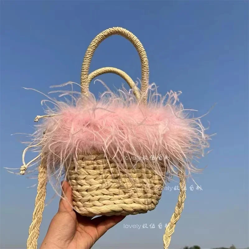 Summer Ostrich Feather Bucket Bag Pure Handmade Women Handbag Woven Straw Tote Bag Leisure Holiday Beach Bag Shoulder Armpit Bag