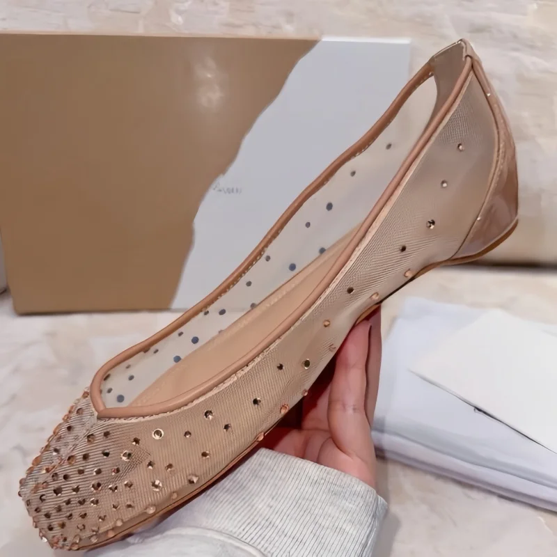 

Mesh Shoes for Ladies Split Toe Flat Heels Rhinestones Female Ballets Shallow Mary Janes Solid Women Sewing Lines Chassure Femme