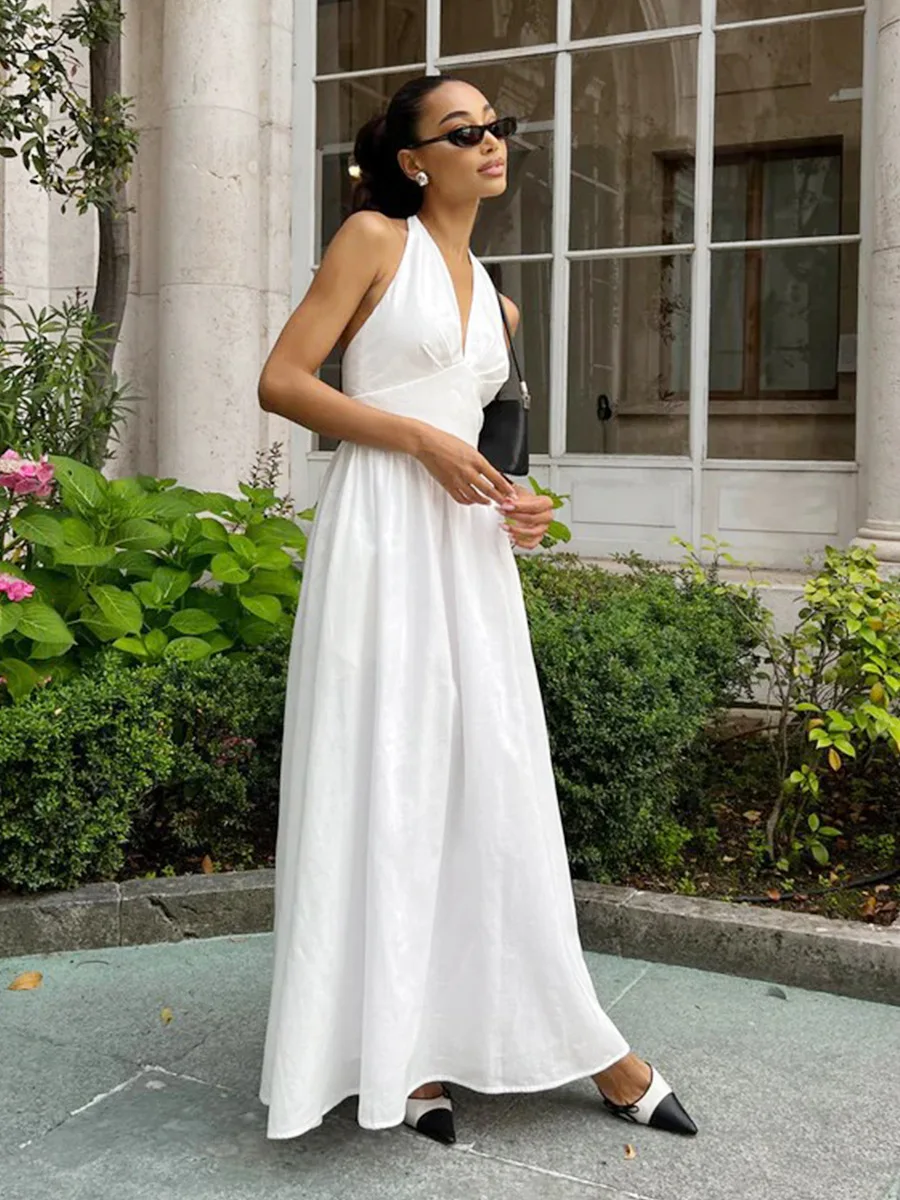 Bornladies Frühling Sommer Neues Damen Baumwoll-Trägerkleid Weibliches Tailliertes V-Ausschnitt Langes Kleid Modisches Oversize-Kleid – Detail 6