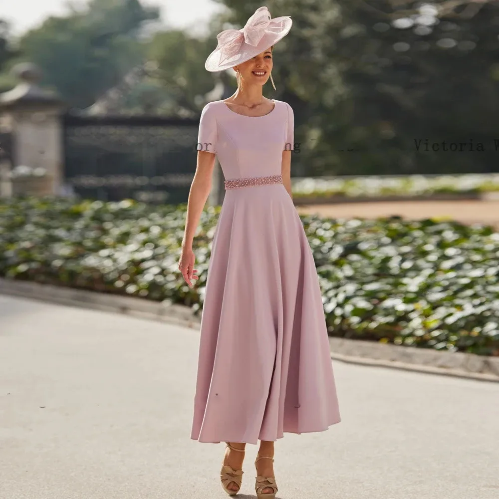 

Elegant Pink Mother of the Bride Dresses 2024 O Neck 3/4 Sleeves Wedding Party Gowns Beadings Ankle Length A-Line فساتين السهرة