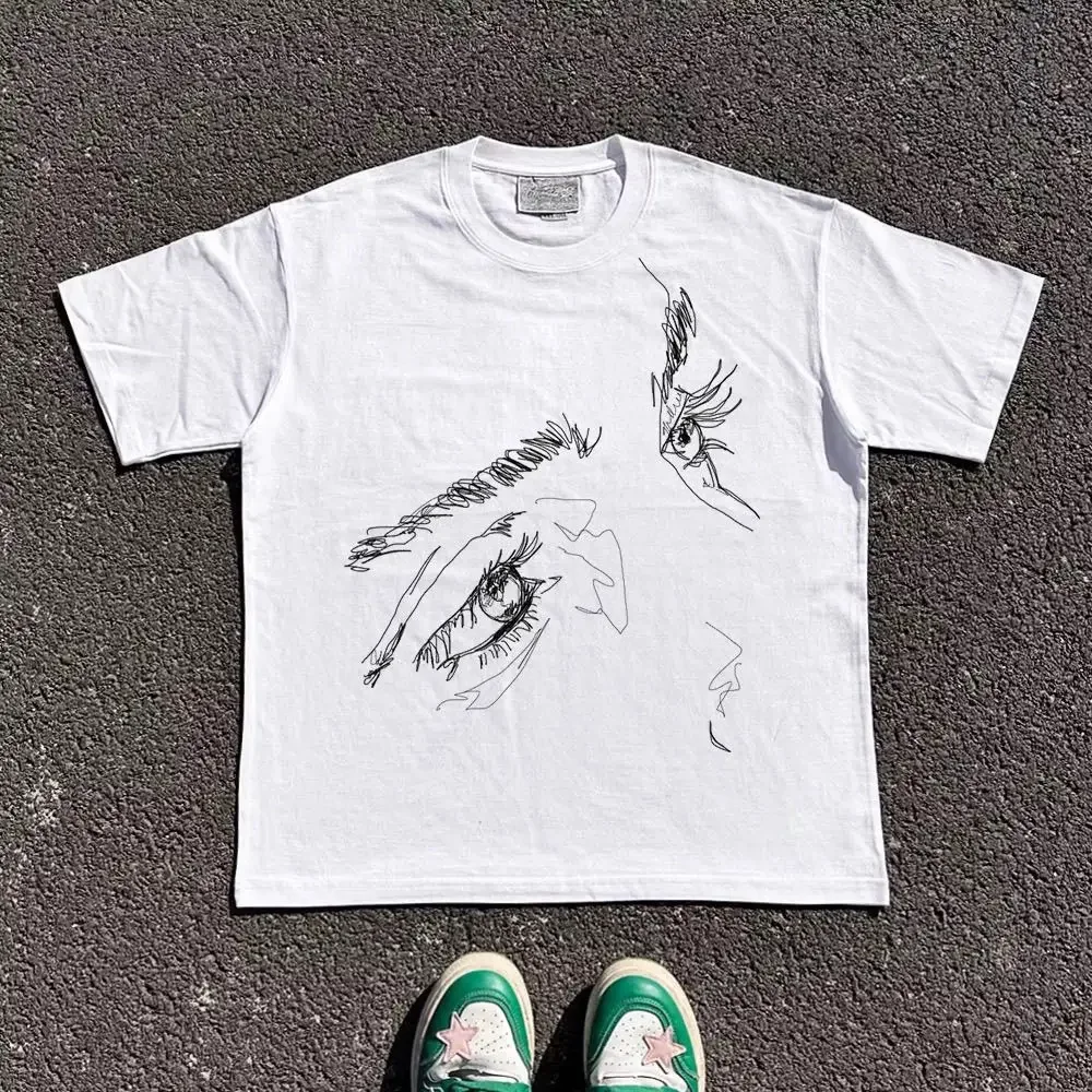 

Fashionable Brand American Streetwear Hand-painted Eye Print T-shirt Summer Couple Outfit Loose Y2k Half-sleeved Tops
