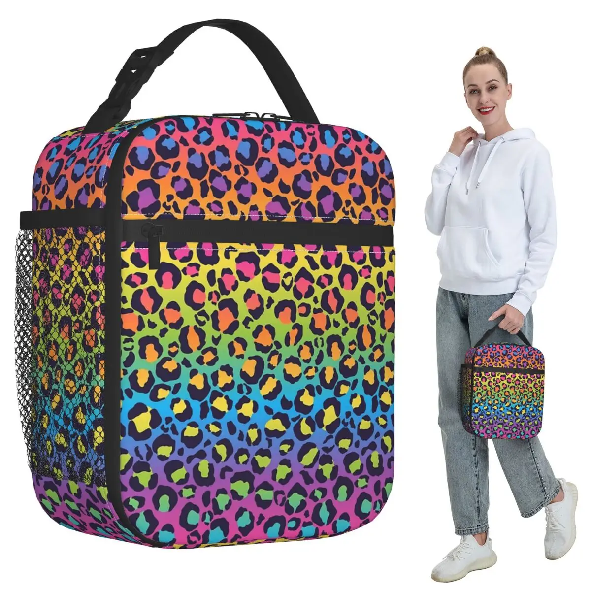 

Bright Rainbow Ombre Gradient Leopard Print Pattern Insulated Lunch Bag Cooler Thermal Food Box Tote Lunch Boxes Container
