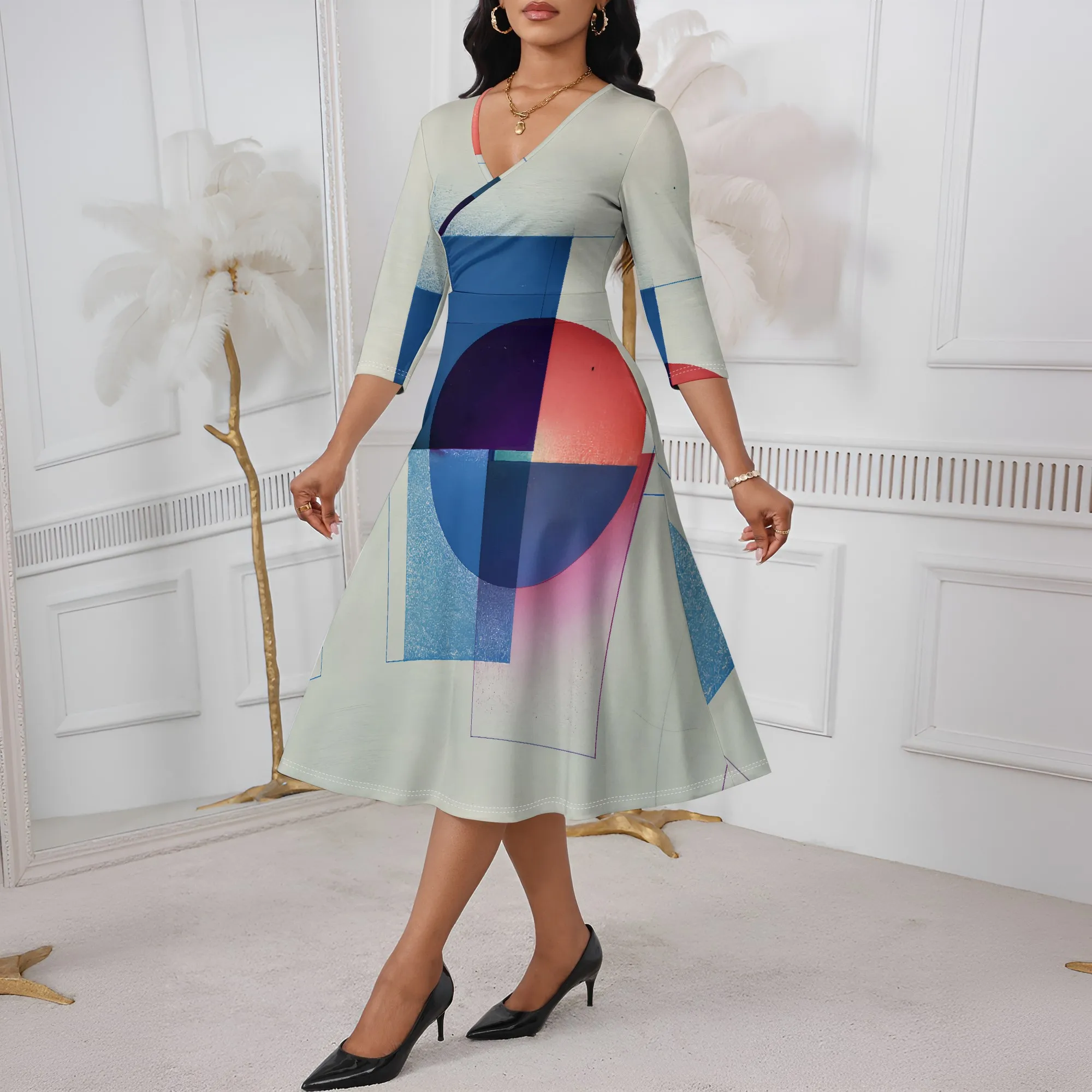 

Futuristic Abstract A-Line Dress XS-3XL V-Neck 3/4 Sleeve Style for Tech Expo, Digital Art Show or Trendy City Look