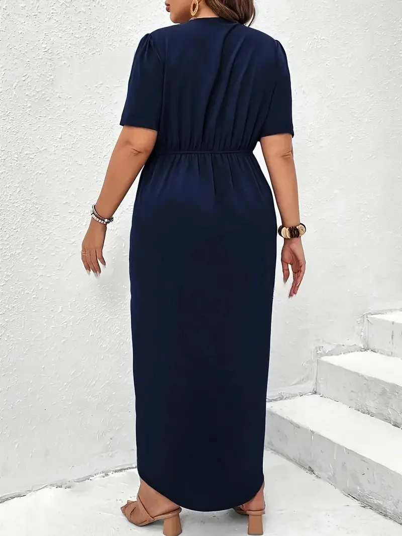 GIBSIE Plus Size Elegant Deep V-neck Wrap Hem Solid Dress Women Summer Short Sleeved High Waist Casual Long Dresses For Women