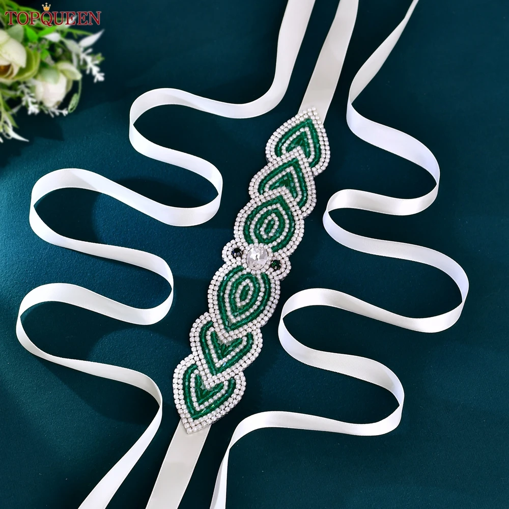 

TOPQUEEN новый дизайн свадебного пояса, белое украшение из бисера, зеленый хрустальный свадебный пояс, пояс для фестивального платья S265