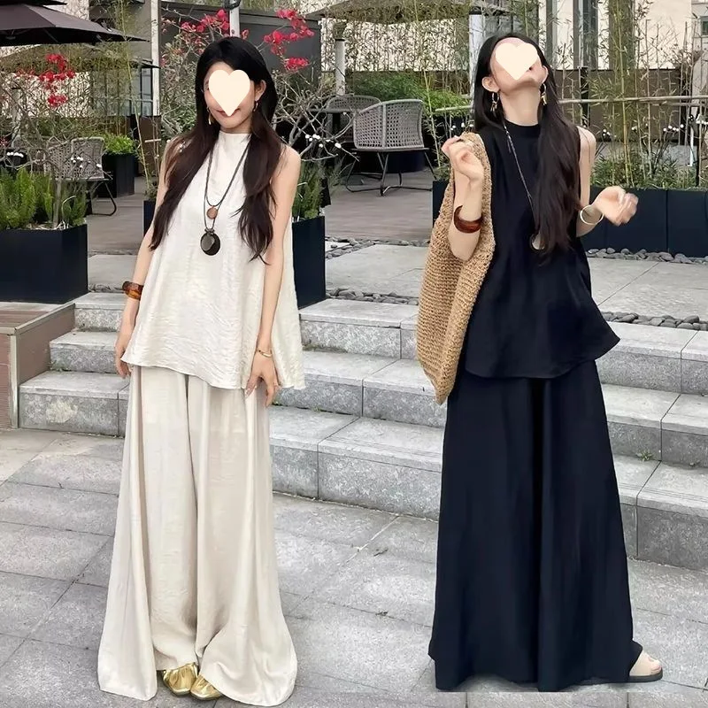 

Fashion Set Women's Spring/Summer Solid Color Loose Sleeveless Top Wide Leg Skirt Pants Two Piece Set