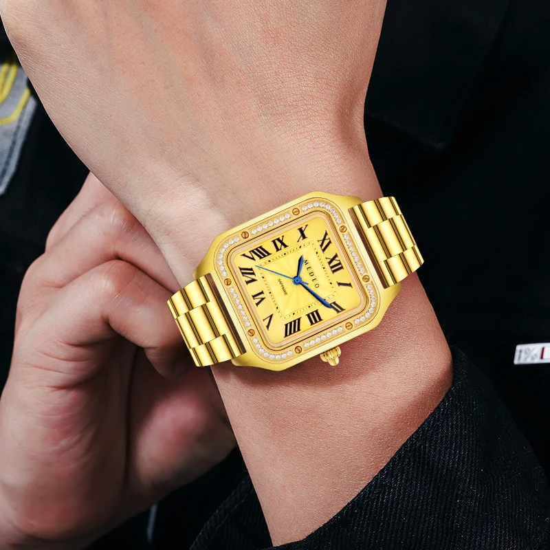Orologio da amante in oro rettangolare in acciaio inossidabile di alta qualità, vetro zaffiro, diamante, tutto in oro, coppia, orologio da polso per uomo e donna