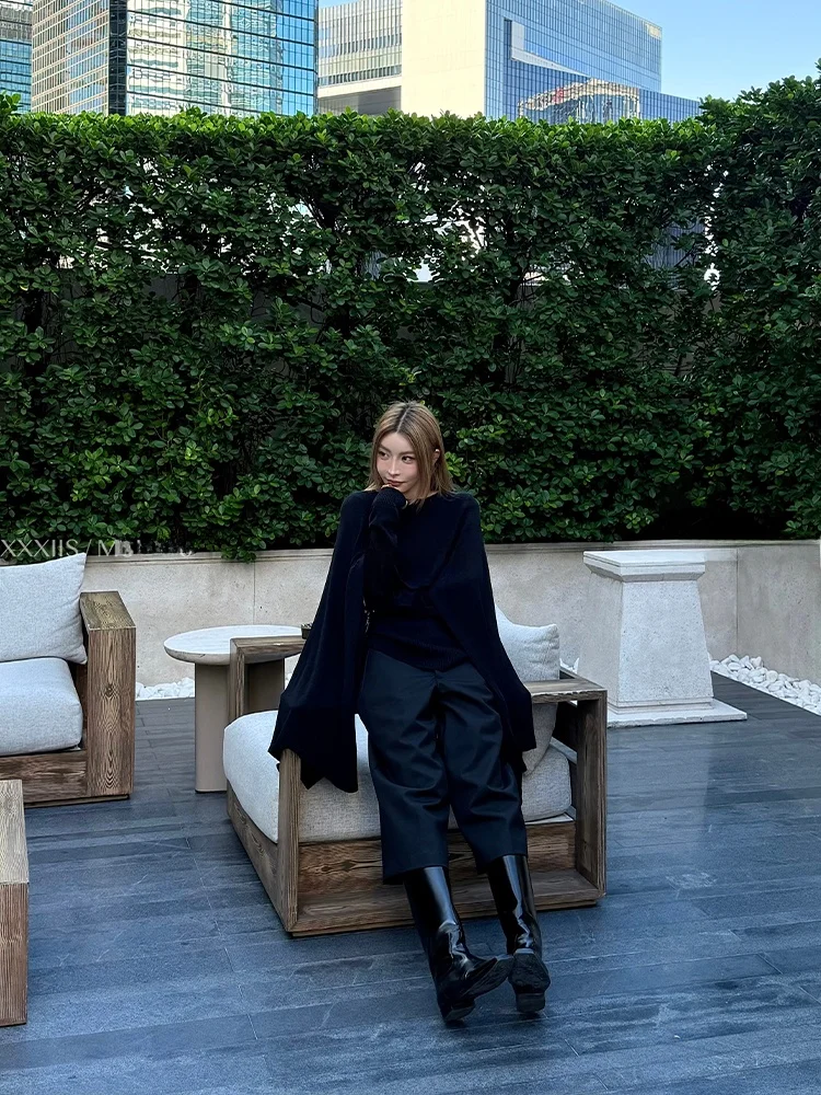 

MSKIN6 High Waist Wide Leg Seven-Foot Pants Women's Autumn Winter Wool Blend Slimming Commute Trendy Long Leg Bla Pants