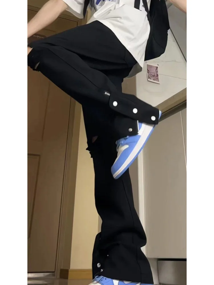 White Ripped Jeans Men's Design Split Micro Flared Button Pants Summer Loose Straight Leg High Street Trousers Youth Fashion - view 4