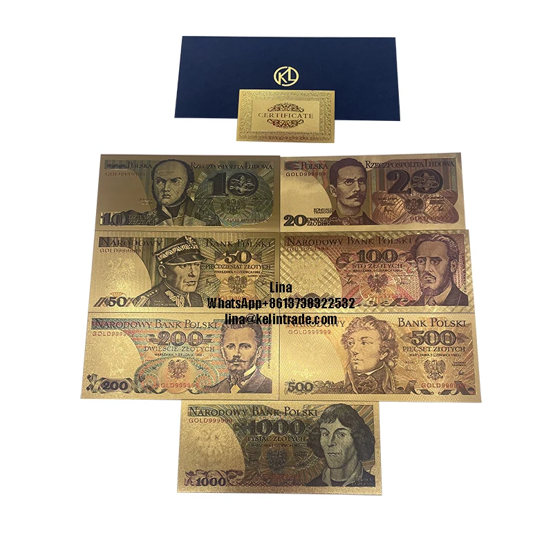 New 7Designs Colored Gold Foil Polish Banknote Set 10 20 50 100 200 500 1000 PLN for Partriotism Poland Crafts Collection