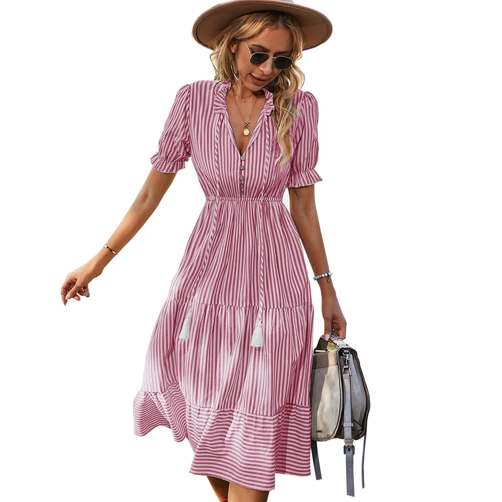 Fashion Women's Clothing 2025 Summer V-neck Striped Waist Ruffled Casual Dress Vestidos De Mujer