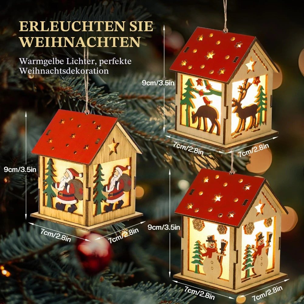 1 Pieces Wooden Christmas Houses Bright Village Decorations and Gifts Tree Decor Holiday Luminous Wooden Pendant New Year Gifts