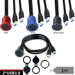 Double Port USB2.0/3.0 Waterproof Cable With LED Light Metal Shell, Car, Yacht, Motorcycle Dashboard Panel Data Extension Cable