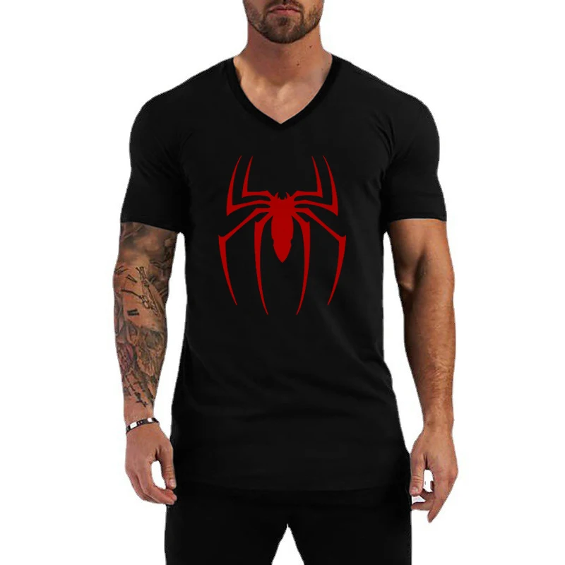 Rote Spinne gedruckt Basic Baumwolle Herren V-Ausschnitt Kurzarm T-Shirts Sommer lässig atmungsaktive Tops T-Shirts Slim Fit Sport T-Shirts