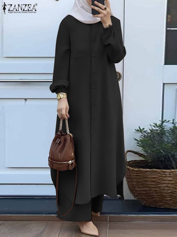 Mulheres muçulmanas tracksuits turquia abaya conjunto elegante camisa longa e calças de perna larga ternos zanzea eid abayas roupas isamic