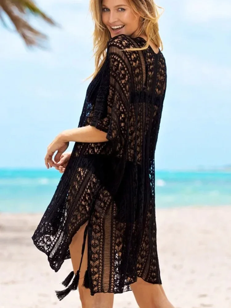 2025 new See Through Bikini Cover-Ups Women Beach Cover Up V-Neck Plus Size Mini Dress Summer Fashion Female Slit Cut Beachwear