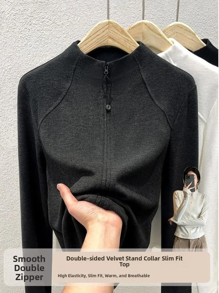 Women's Zipper Stand Collar Base Shirt Dervo Inner Wear Slim Fit Korean Style Long Sleeve T-Shirt Antibacterial Polyester Fiber