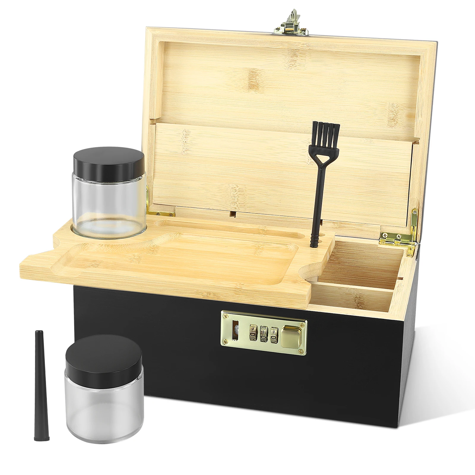 Boîte de rangement en bois avec serrure à combinaison, boîte de rangement décorative avec compartiment amovible, avec 2 pots en verre et brosse