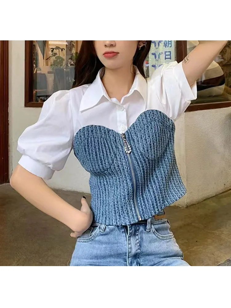 

Женская джинсовая рубашка с коротким рукавом, модная летняя рубашка в Корейском стиле, 2023