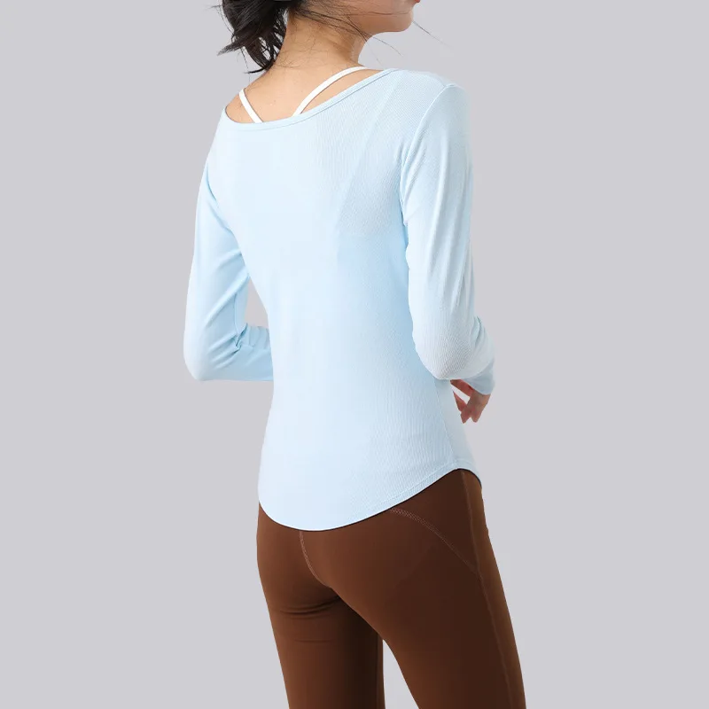 جديد اليوغا الإناث نحيل التخسيس بيلاتيس كم طويل المهنية اللياقة البدنية قميص مزاجه تشغيل الأعلى #2