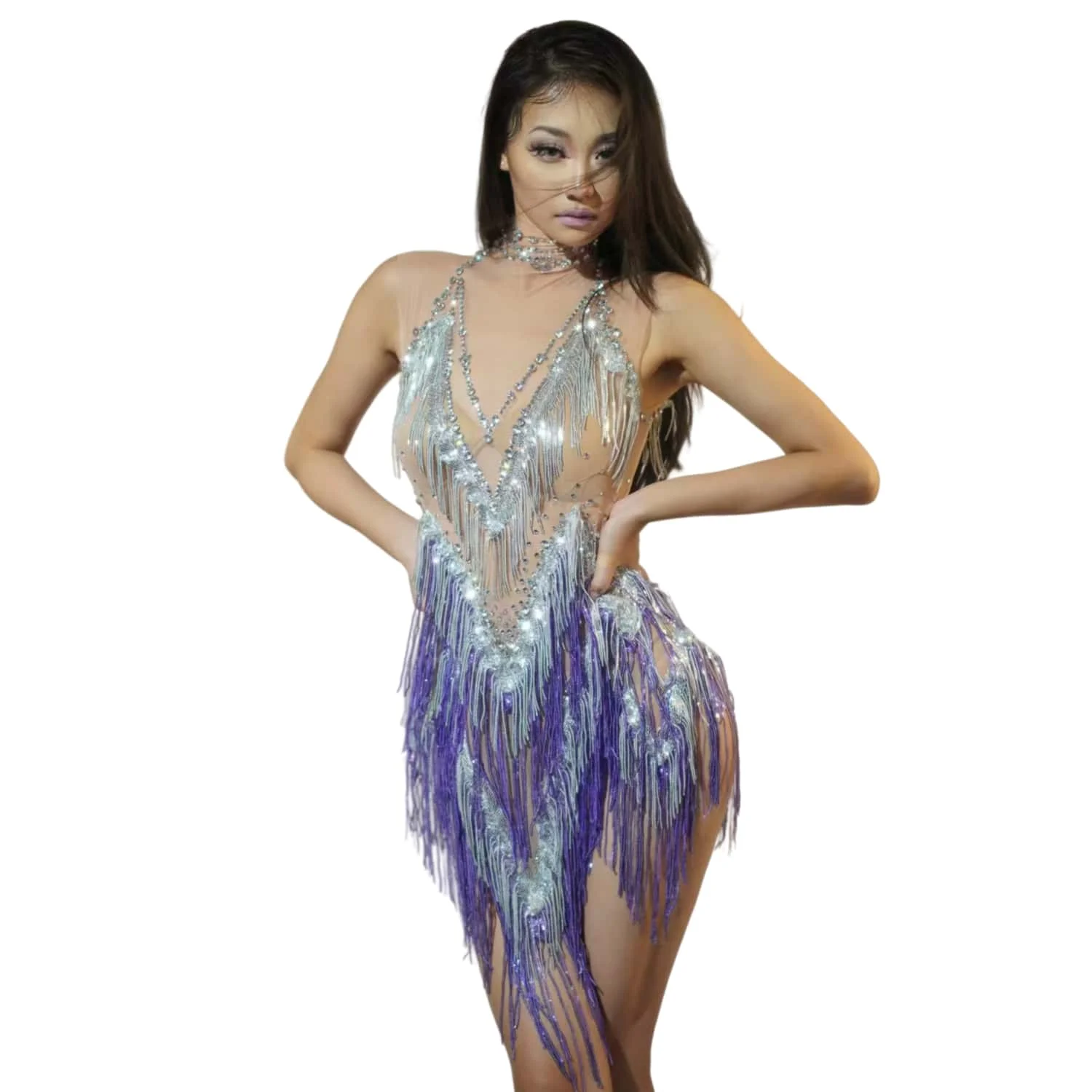 Sparkly Rhinestones Sequins Tassel Dress Women Nightclub Outfit Singer Dancer Costume Stage Wear Sexy Performance Outfits Yaobai