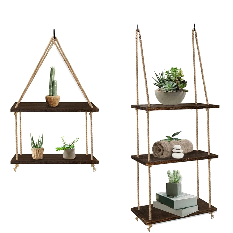 

Hanging Shelves For Wall, Antique Wood Floating Hanging Shelf With Handmade Twine Weaving Process, For Bedroom