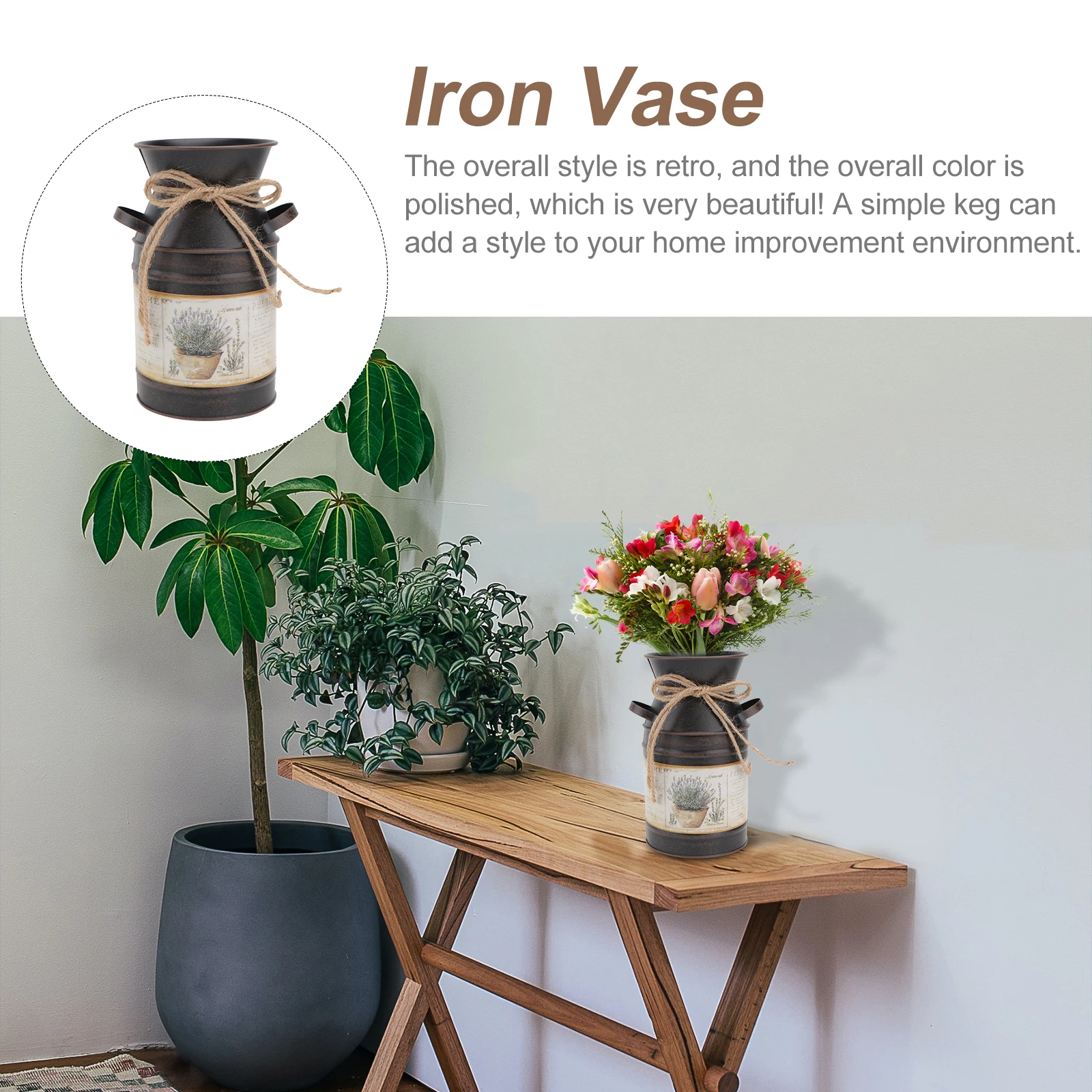 

Rustic Iron Vase for Home Decor Creative Flower Arrangement Container Non Slip Desktop Adornment Metal Retro Bucket Faux