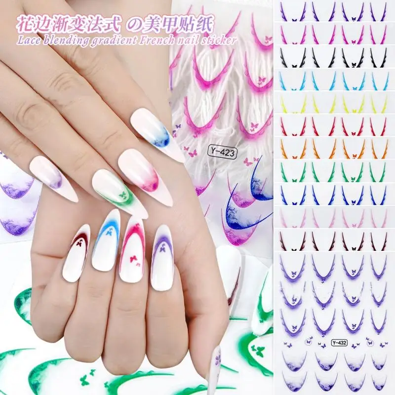 

1 Sheet Gradient Color Line Design French Nail Art Stickers Self-adhesive Nail Tips Guides For Diy Decoration Stencil Tools