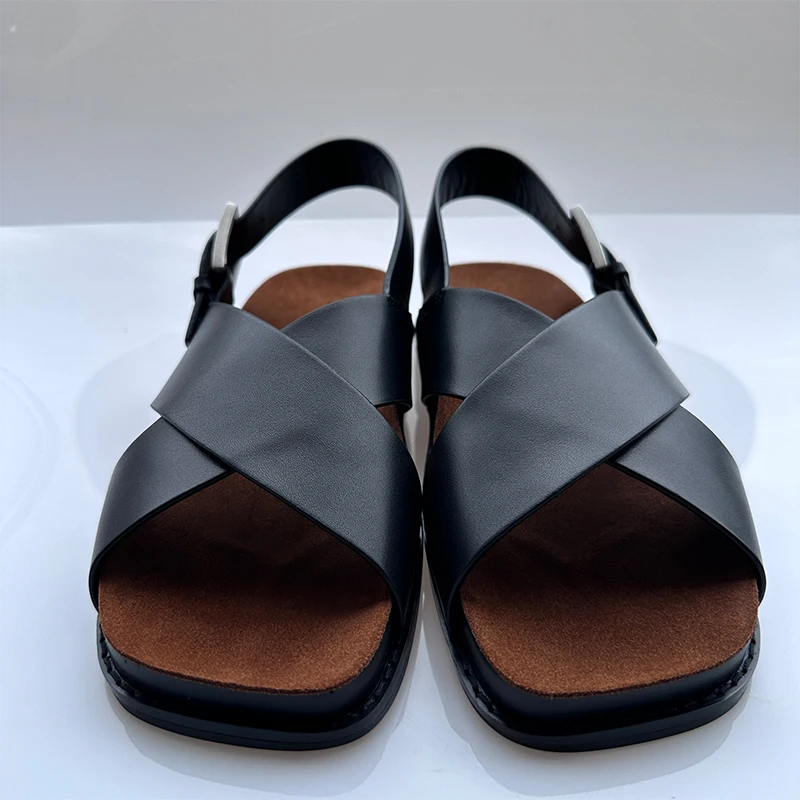 Mrxmus dutit 2024 Summer New Black Retro Cross Strap Sandals Simplicity Fashionable Open Toe Sandals Flat Shoes Femal