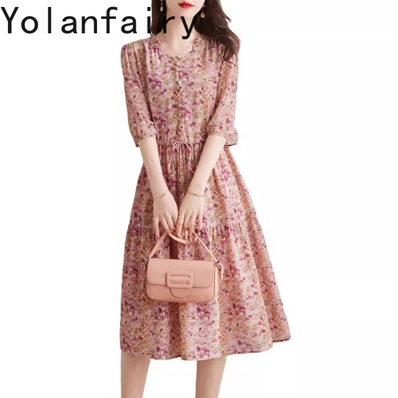 

YOLANFAIRY 100% Natural Mulberry Silk Summer Dress Woman 2025 Korean Style Printed Pink Dress Elegant Loose Vacation Dresses