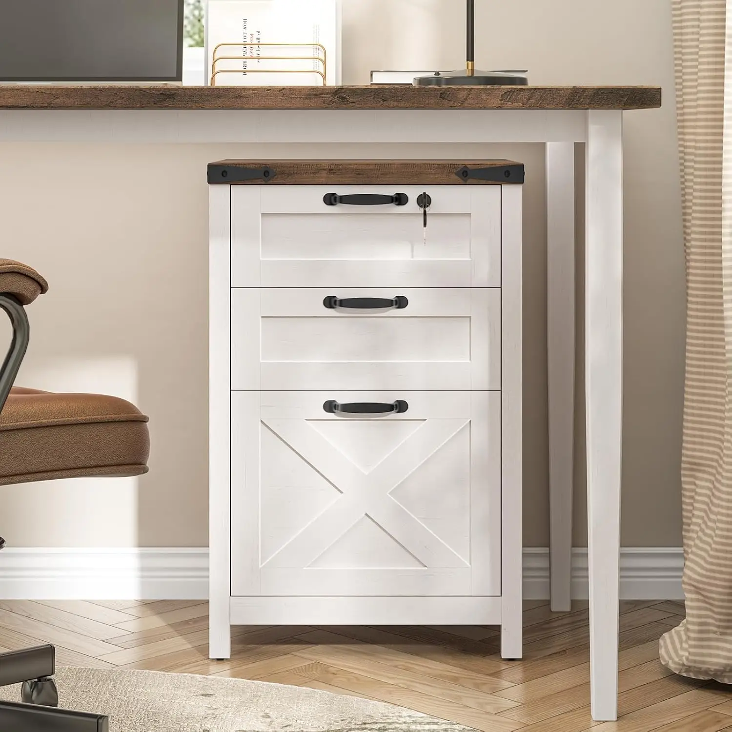 Farmhouse 3 Drawers File Cabinet with Lock for Home Office, Rustic White, Customized