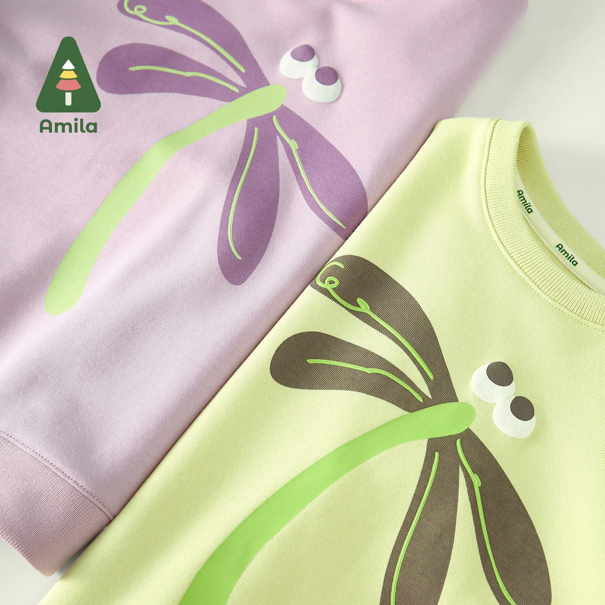 Amila Baby Set 2026 Spring New Solid Color Dragonfly Cartoon Pattern Solid Loose Sweatshirt Leggings Children\'s Two-Piece Set