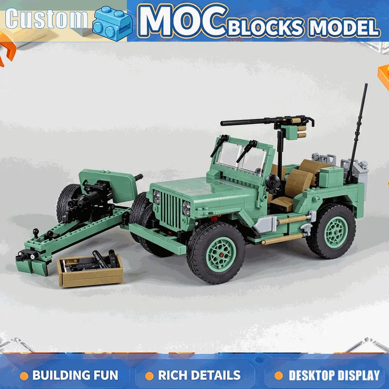 1202PCS Vintage Green Utility Vehicle Trailer Building Blocks DIY Assembly Model Off Road Creative Construction Collection Gift