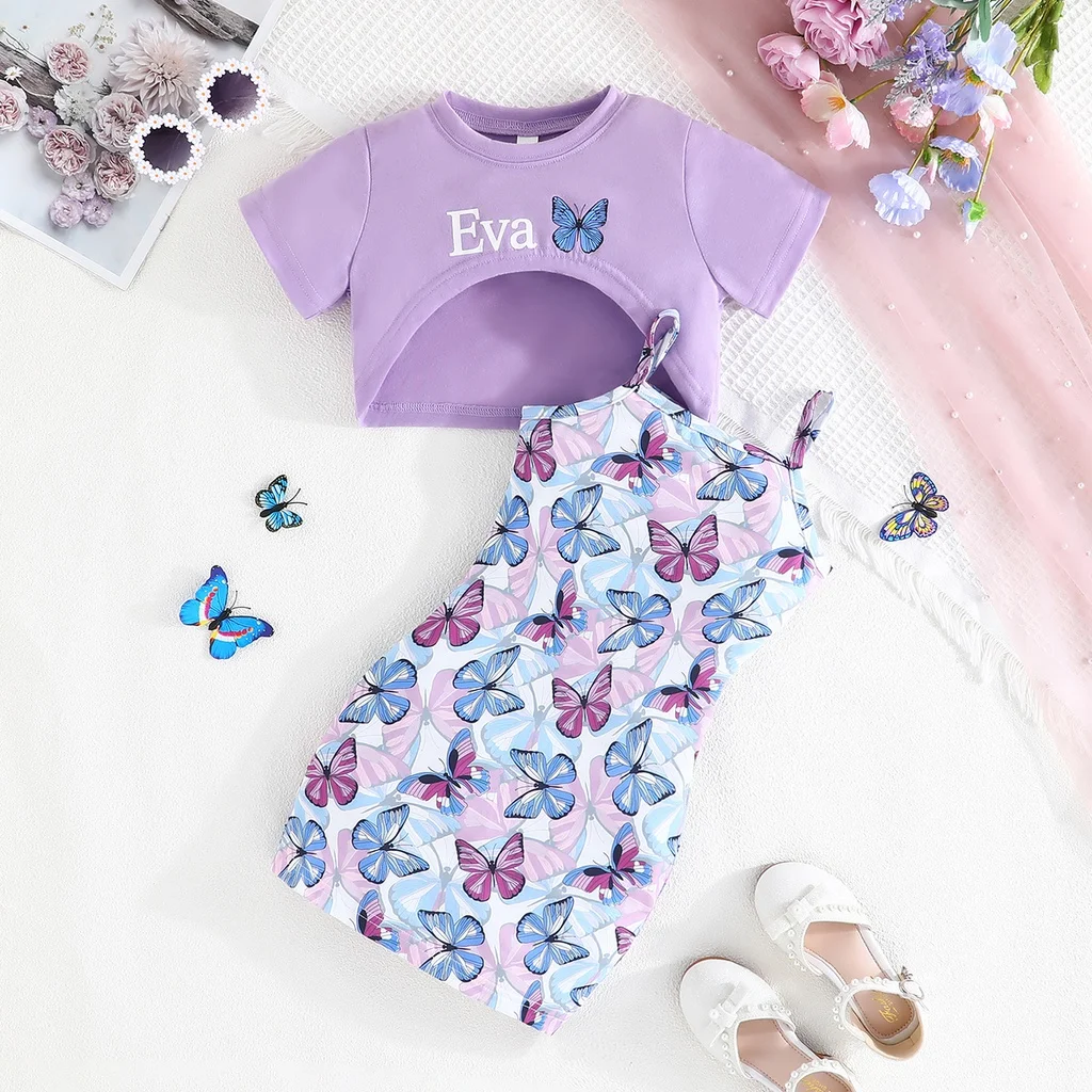 Clothing Set For Kid Girl 2-7 Years old Short Sleeve Top Cartoon Butterfly Print Suspenders Skirt Princess Dresses For Baby Girl