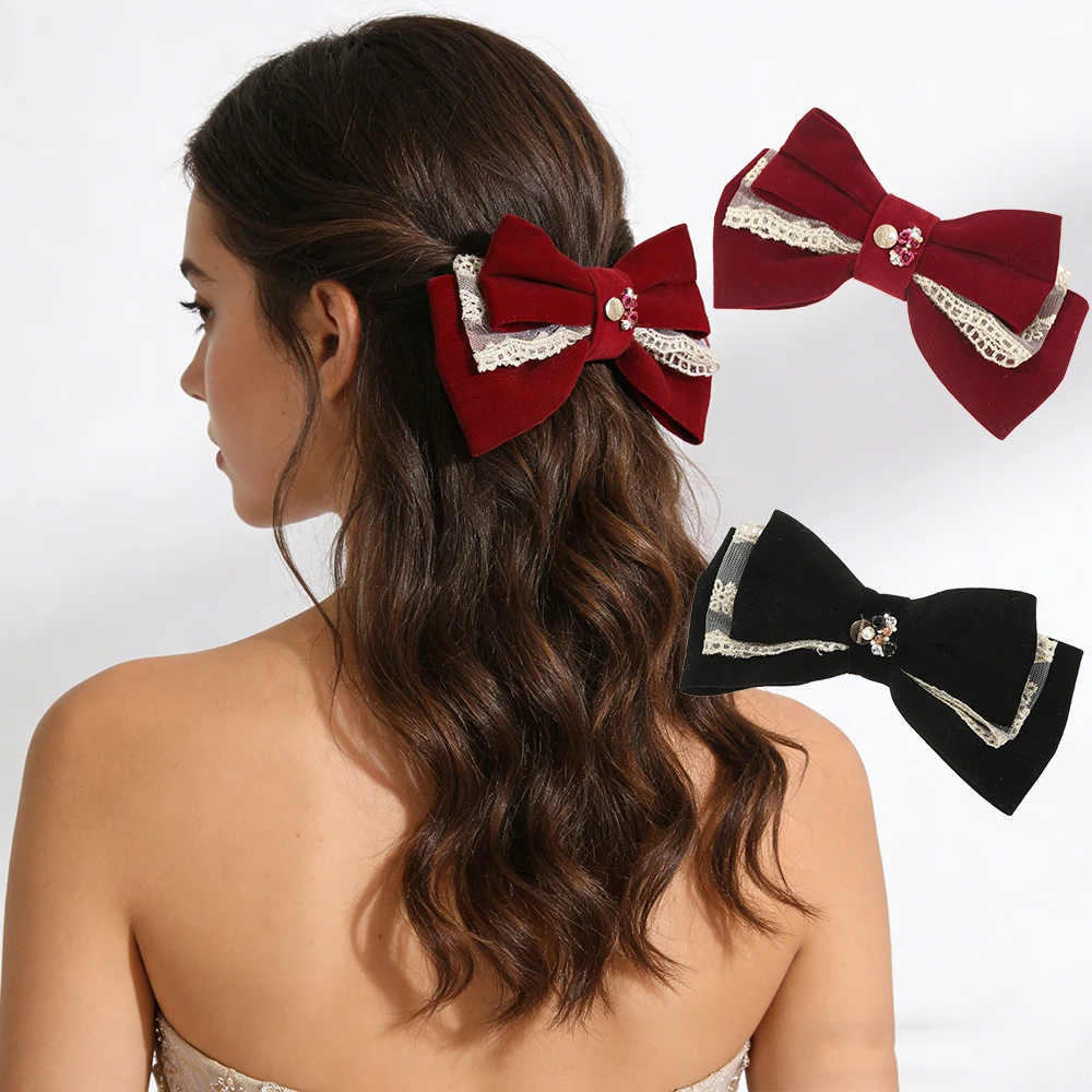 

AWAYTR Lace Velvet Bow Duckbill Hairpins Fabric Headwear Romantic Hair Accessories Girl Side Bangs Clip Sweet Hair Clips