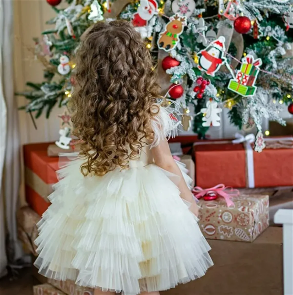 Vestido de flores para niña, ropa de tul en capas, color blanco, lentejuelas doradas, bonito vestido de flores para fiesta de cumpleaños, regalo para niña