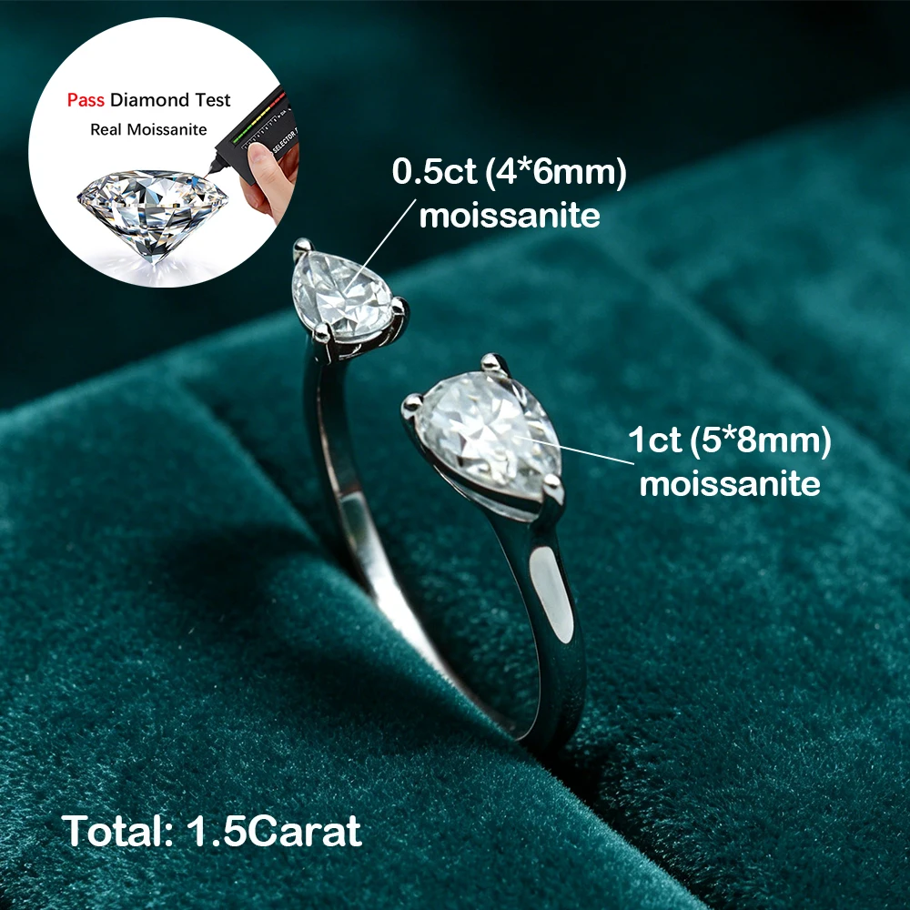 1.5cttw Pear Cut Moissanite Open Adjustable Ring for Women 925 Sterling Silver 2-Stone WaterDrop Diamond Wedding Band Jewelry