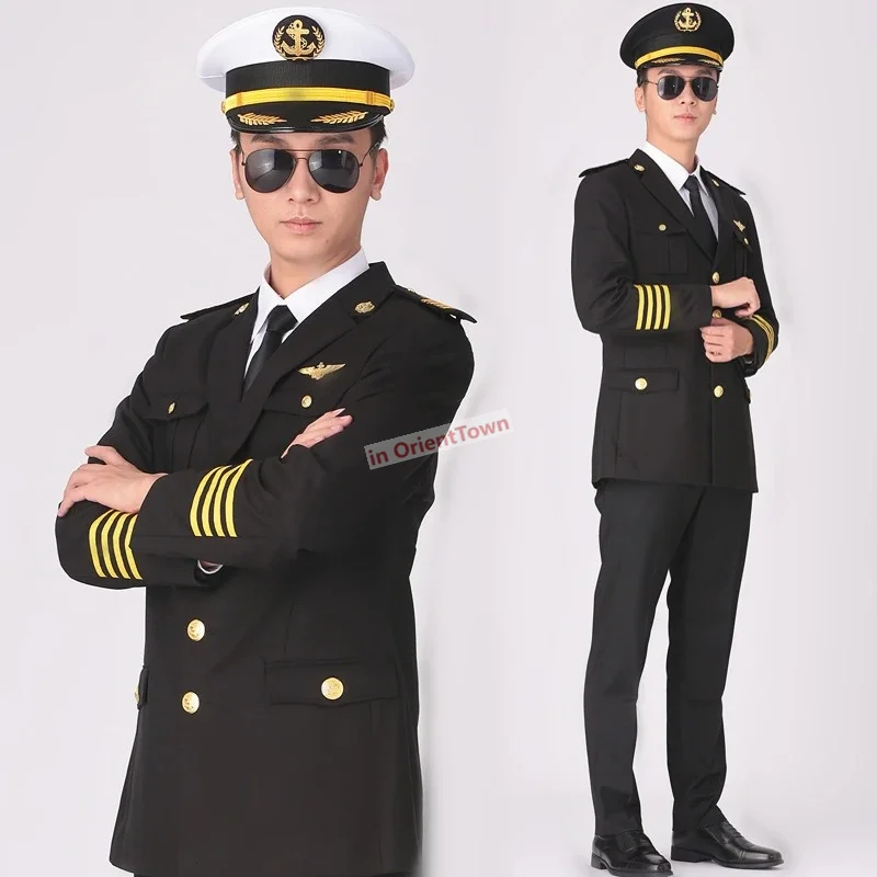 Kreuzfahrt schiff Kapitän Marine Uniform Seemann Crew Mitglied schwarzer Hut Mantel Hosen und Accessoires Männer Frühling Herbst Anzug Yacht Arbeit Set