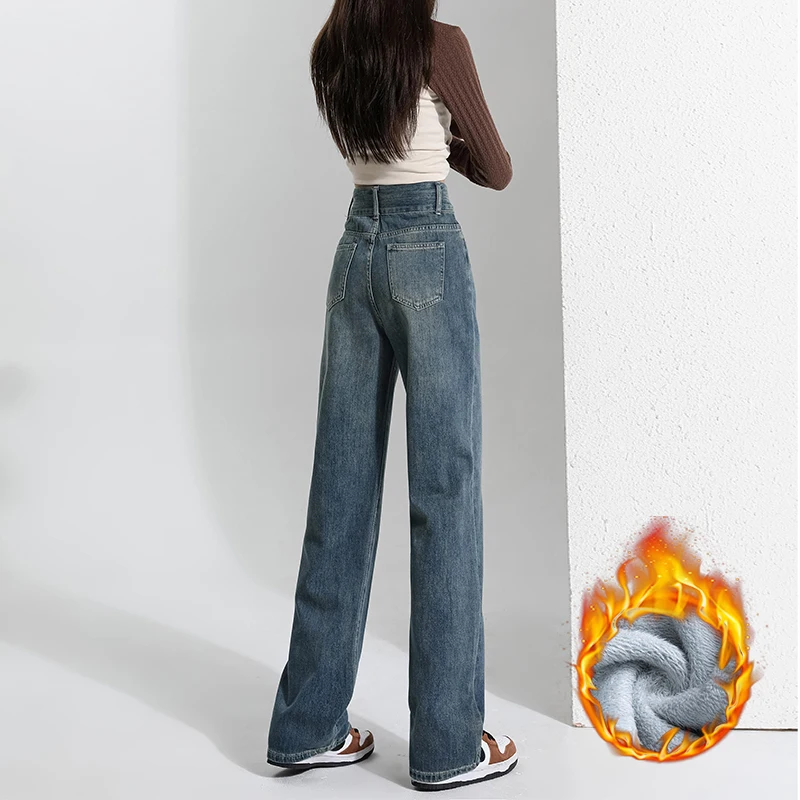 Luxe kwaliteit winter warme fleece thermische damesjeans mode dikker uitlopende broek hoge taille plus lengte rechte broek