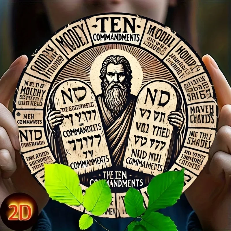 Ancient Moses Ten Commandments Graphic Round Metal Tin Sign 2D Printed 1PC 20x20cm Retro Faith Iron Plaque Wall Decor