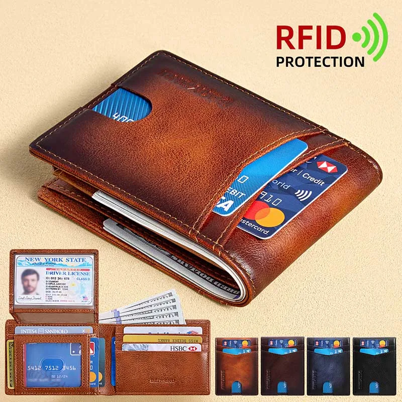 New RFID Blocking Genuine Leather Wallet For Men, Top Grain Cowhide Vintage Anti-Degaussing Card Holder Purse
