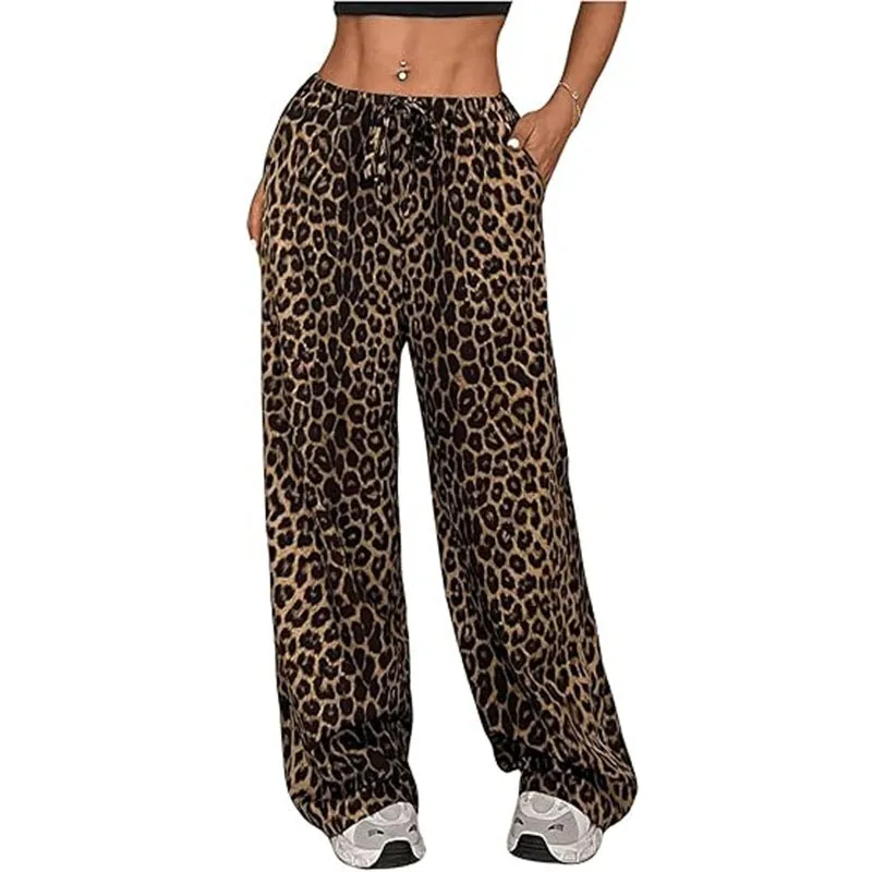 Women's Pants Straight Loose Fit High Waist Trousers Leopard Print Drawstring Waist Full Length Wide Leg Pants Casual Women
