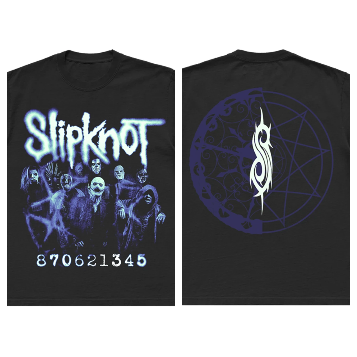 Camiseta con temática Slipknot Early-Era (arte de miembro de la banda enmascarada + número icónico "870621345" + símbolo oculto y diseño de tótem "S"