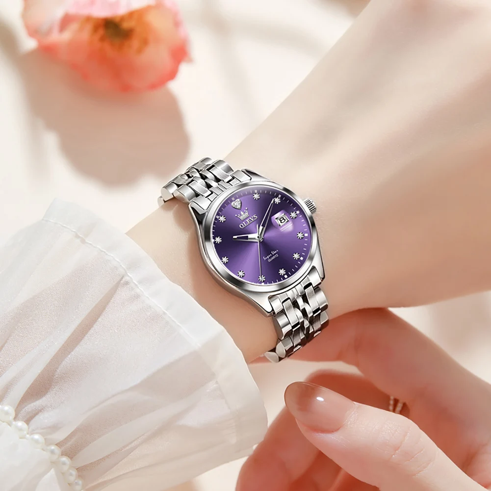 OLEVS Fashion Purple Woman Watch Classic Diamond Scale Calendar Waterproof Wristwatch Original Quartz Watch for Women